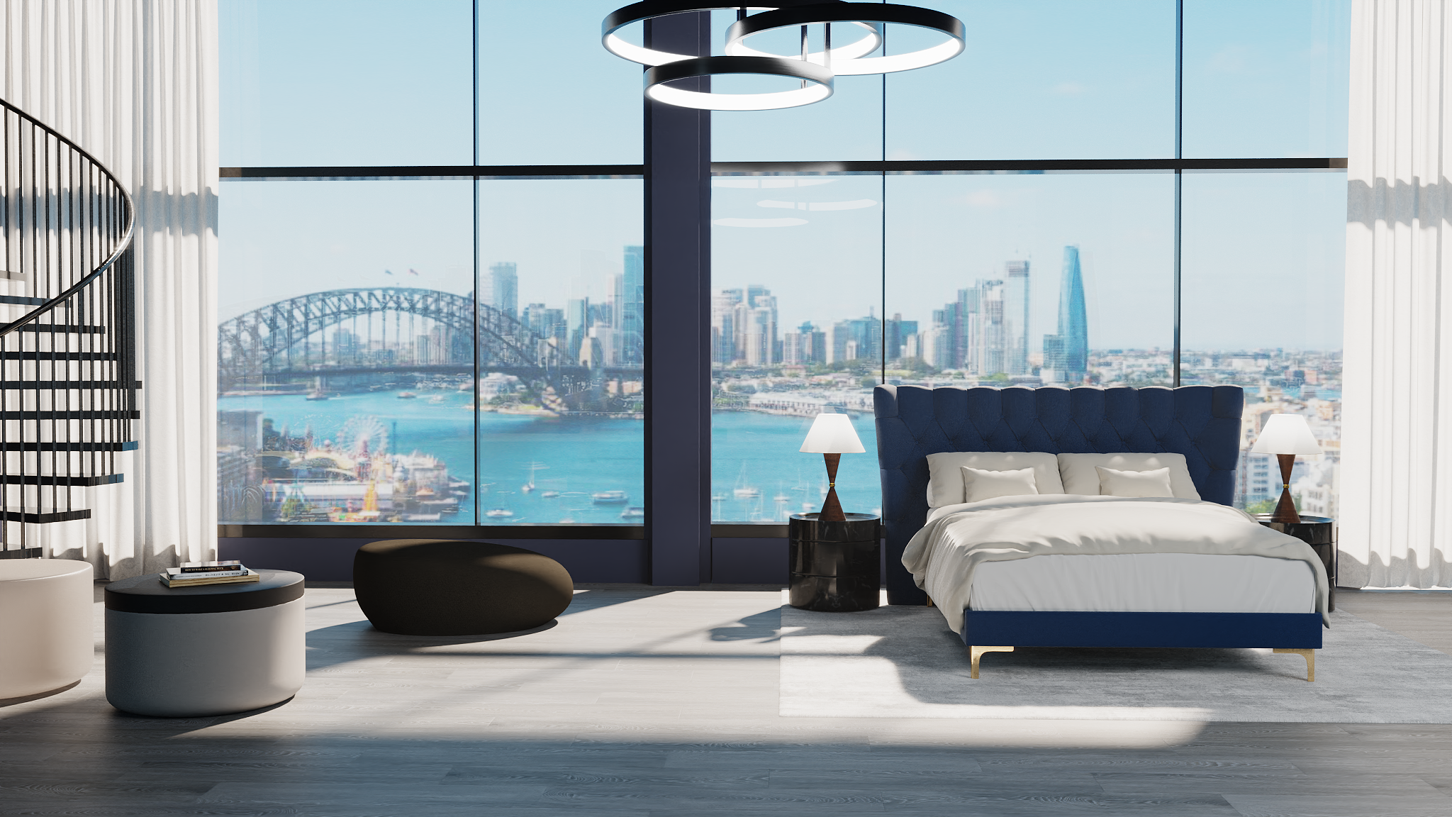 The Elle SD Indestruct Bed, setup in an apartment overlooking city